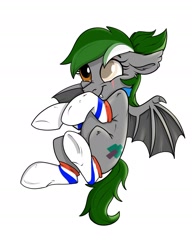 Size: 1400x1825 | Tagged: safe, artist:rutkotka, oc, oc only, bat pony, pony, blind eye, clothes, commission, fangs, happy, simple background, smiling, socks, solo, spread wings, white background, wings, ych result