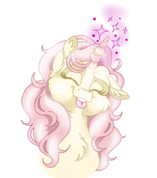 Size: 1091x1234 | Tagged: safe, artist:razledazle, oc, oc only, pony, unicorn, :p, bust, chest fluff, cute, ear fluff, eyelashes, eyes closed, female, glowing, glowing horn, horn, mare, not fluttershy, one ear down, simple background, solo, tongue out, unicorn oc, white background