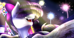 Size: 2000x1040 | Tagged: safe, artist:pastelperyton, songbird serenade, pegasus, pony, g4, my little pony: the movie, bow, bust, fireworks, hair bow, hair over eyes, outdoors, solo, wings