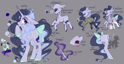 Size: 1320x683 | Tagged: safe, artist:pastelperyton, oc, oc only, pony, unicorn, bow, female, gray background, horn, mare, reference sheet, simple background, tail, tail bow, unicorn oc