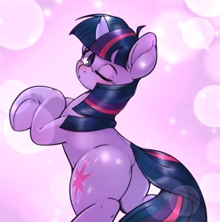 Size: 1648x1668 | Tagged: safe, artist:kurogewapony, twilight sparkle, pony, unicorn, abstract background, blushing, butt, featureless crotch, female, horn, looking at you, looking back, looking back at you, mare, one eye closed, plot, rear view, simple background, smooch, solo, tail, tail aside, twibutt, unicorn twilight, wink, winking at you
