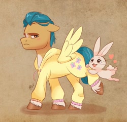 Size: 2048x1974 | Tagged: safe, artist:haruh_ink, hitch trailblazer, earth pony, pony, rabbit, g5, my little pony: a new generation, animal, blushing, clothes, critter magnet, cute, duo, floppy ears, fluttershy suit, frustrated, heart, hitch trailblazer is not amused, hoodie, implied flutterguy, male, onesie, pajamas, sleepwear, stallion, the new fluttershy, unamused, unshorn fetlocks