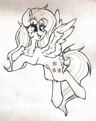 Size: 717x899 | Tagged: safe, artist:madkadd, fluttershy, pegasus, pony, g4, butt fluff, cheek fluff, chest fluff, eyelashes, female, fluffy, lineart, looking back, mare, smiling, solo, traditional art, wings