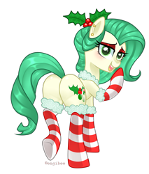 Size: 2143x2521 | Tagged: safe, artist:kaikururu, oc, oc only, earth pony, pony, bedroom eyes, butt, clothes, earth pony oc, eyelashes, female, high res, holly, makeup, mare, plot, simple background, socks, solo, striped socks, transparent background, underhoof