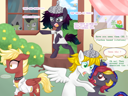 Size: 4000x3000 | Tagged: safe, artist:kaikururu, oc, oc only, pegasus, pony, unicorn, bipedal, choker, clothes, dialogue, female, hat, horn, male, mare, open mouth, outdoors, pegasus oc, stallion, tinfoil hat, unicorn oc, wide eyes, wings