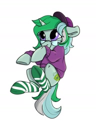 Size: 1400x1825 | Tagged: safe, artist:rutkotka, oc, oc only, pony, unicorn, cap, clothes, commission, glasses, happy, hat, simple background, smiling, socks, solo, striped socks, sweater, white background, ych result
