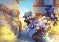 Size: 4000x2820 | Tagged: safe, artist:dedfriend, oc, oc only, oc:alphadia, oc:felonale, pegasus, pony, dummy, duo, sword, training, weapon, wooden sword