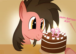 Size: 3508x2480 | Tagged: safe, artist:ace play, pinkie pie, oc, oc:ace play, earth pony, pony, g4, birthday, cake, cherry, dialogue, facial hair, food, frosting, goatee, high res, male, offscreen character, plate, smiling, solo focus, stallion