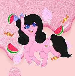 Size: 1892x1908 | Tagged: safe, artist:thatonefluffs, oc, oc:moonlight, earth pony, pony, bow, candy, cotton candy, food, freckles, solo, unshorn fetlocks, watermelon