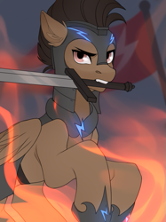 Size: 503x671 | Tagged: safe, artist:chamommile, oc, oc:mazz, pegasus, pony, armor, badass, badass adorable, battlefield, clothes, concave belly, cute, ear fluff, ears up, fight, fire, flag, flying, folded wings, glowing, guard, helmet, jumping, lighting, mouth hold, raised hoof, ready to fight, rearing, shoes, solo, sword, weapon, wings