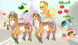 Size: 1280x752 | Tagged: safe, artist:malinraf1615, applejack, caramel, earth pony, pony, g4, alternate hairstyle, applejack's hat, chest fluff, cowboy hat, duo, female, freckles, hat, male, mare, markings, redesign, reference sheet, ship:carajack, shipping, solo focus, stallion, straight, unshorn fetlocks