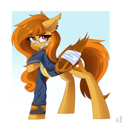 Size: 2300x2300 | Tagged: safe, artist:rinteen, oc, oc only, oc:pumpkin spice, bat pony, pony, bandage, bandaged wing, bat pony oc, blood, blood on face, clothes, ear piercing, earring, glasses, high res, injured, jewelry, jumpsuit, piercing, pipbuck, solo, vault suit, wings