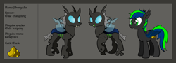 Size: 1920x694 | Tagged: safe, artist:alexdti, oc, oc only, oc:phengodes, bat pony, changeling, bat wings, changeling oc, curved horn, disguise, disguised changeling, ear fluff, fangs, folded wings, hooves, horn, male, open mouth, open smile, raised hoof, reference sheet, smiling, solo, standing, tail, two toned mane, two toned tail, wings