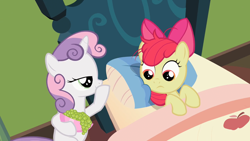 Size: 1280x720 | Tagged: safe, screencap, apple bloom, sweetie belle, earth pony, pony, unicorn, family appreciation day, g4, season 2, bed, bow, bowl, female, filly, foal, food, grapes, hair bow, in bed, lidded eyes, out of context, smiling