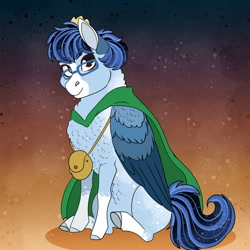 Size: 1280x1280 | Tagged: safe, artist:inisealga, oc, oc only, oc:soaring spirit, abstract background, bag, cape, chest fluff, clothes, coat markings, colored hooves, colored wings, crown, facial markings, glasses, gradient background, jewelry, male, multicolored mane, multicolored tail, multicolored wings, neck fluff, ousama ranking, regalia, sitting, socks (coat markings), solo, stallion, tail, wings