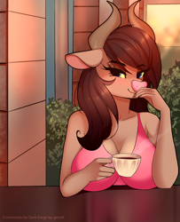 Size: 1728x2127 | Tagged: safe, artist:xjenn9, oc, oc only, minotaur, anthro, big breasts, breasts, cleavage, coffee cup, commission, cup, female, horns, looking at you, solo