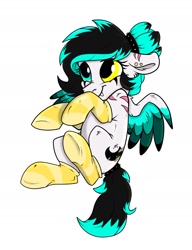 Size: 1400x1825 | Tagged: safe, artist:rutkotka, oc, oc only, pegasus, pony, clothes, commission, fangs, floppy ears, happy, heterochromia, simple background, smiling, socks, solo, spread wings, striped socks, white background, wings, ych result