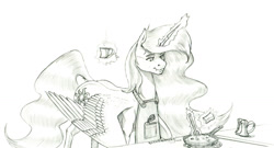 Size: 1500x811 | Tagged: safe, artist:baron engel, princess celestia, alicorn, pony, g4, apron, clothes, cooking, female, frying pan, mare, monochrome, pencil drawing, solo, spatula, story included, traditional art