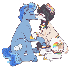 Size: 2300x2200 | Tagged: safe, artist:monnarcha, oc, oc:rainbow splash, pony, unicorn, female, high res, kissing, male, simple background, straight, transparent background
