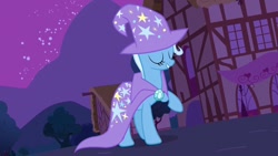 Size: 1280x720 | Tagged: safe, screencap, trixie, pony, unicorn, g4, magic duel, season 3, brooch, cape, clothes, eyes closed, female, grin, hat, hooves, house, jewelry, mare, night, outdoors, raised hoof, shadow, smiling, solo, standing, trixie's brooch, trixie's cape, trixie's hat