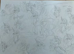 Size: 1489x1080 | Tagged: safe, artist:namaenonaipony, princess celestia, princess luna, alicorn, pony, g4, banana, bananalestia, cake, cakelestia, crying, food, japanese, megaphone, music notes, singing, sketch, solo, tongue out, traditional art