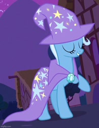 Size: 562x720 | Tagged: safe, screencap, trixie, pony, unicorn, g4, magic duel, season 3, brooch, cape, clothes, cropped, eyes closed, female, grin, hat, hooves, house, imgflip, jewelry, mare, night, outdoors, raised hoof, shadow, smiling, solo, standing, trixie's brooch, trixie's cape, trixie's hat