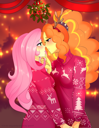 Size: 3030x3900 | Tagged: safe, artist:xjenn9, adagio dazzle, fluttershy, equestria girls, antlers, commission, duo, fake antlers, female, imminent kissing, lesbian, shipping, shyagio, ych result