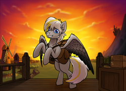 Size: 2258x1632 | Tagged: safe, artist:tsswordy, oc, oc only, pegasus, pony, bag, canterlot, crate, male, rearing, solo, spread wings, sunset, wings