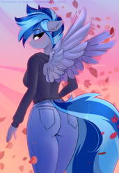 Size: 1968x2880 | Tagged: safe, artist:xjenn9, oc, oc only, oc:pixi feather, pegasus, anthro, ass, bedroom eyes, blue eyeshadow, blue hair, blushing, breasts, butt, clothes, eyeshadow, female, floppy ears, hoodie, jeans, leaves, lidded eyes, looking at you, looking back, looking back at you, makeup, orange eyes, pants, smiling, solo, spread wings, tail, tail aside, wings, ych example, your character here