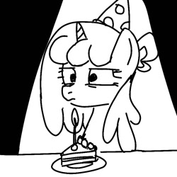 Size: 768x768 | Tagged: safe, artist:namaenonaipony, oc, oc only, oc:aqua twinkie, pony, unicorn, birthday, cake, cake slice, candle, food, hat, party hat, simple background, solo