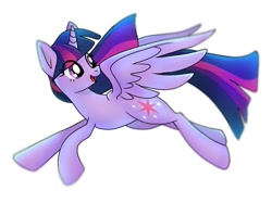Size: 1380x1031 | Tagged: safe, artist:namaenonaipony, twilight sparkle, alicorn, pony, g4, eye clipping through hair, female, flying, full body, hooves, horn, looking back, mare, open mouth, open smile, simple background, smiling, solo, spread wings, tail, twilight sparkle (alicorn), white background, wings