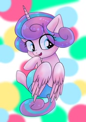 Size: 1075x1518 | Tagged: safe, artist:namaenonaipony, princess flurry heart, alicorn, pony, g4, baby, baby pony, cute, diaper, eye clipping through hair, female, filly, flurrybetes, foal, looking back, polka dot background, solo, translation request