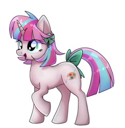 Size: 904x921 | Tagged: safe, artist:namaenonaipony, oc, oc only, pony, unicorn, clover, four leaf clover, full body, hooves, horn, open mouth, open smile, raised hoof, simple background, smiling, solo, standing, tail, unicorn oc, white background