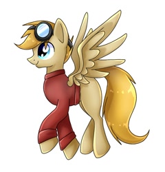 Size: 1068x1111 | Tagged: safe, artist:namaenonaipony, oc, oc only, pegasus, pony, clothes, full body, goggles, goggles on head, hooves, pegasus oc, shirt, side view, simple background, smiling, solo, spread wings, tail, white background, wings