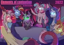 Size: 4096x2896 | Tagged: safe, artist:buvanybu, applejack, fluttershy, pinkie pie, rainbow dash, rarity, twilight sparkle, changeling, draconequus, pegasus, pony, comic:elements of contention, series:elements of contention, g4, alternate universe, curved horn, draconequified, flutterequus, green eyes, green sclera, horn, jagged horn, mane six, sombra eyes, species swap