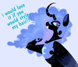 Size: 1187x1020 | Tagged: safe, artist:wanderingpegasus, nightmare moon, alicorn, pony, g4, blue background, curved horn, ethereal mane, eyeshadow, februpony, female, grin, helmet, hoof shoes, horn, jewelry, makeup, mare, raised hoof, redesign, regalia, simple background, smiling, solo, starry mane