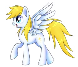 Size: 1168x1010 | Tagged: safe, artist:namaenonaipony, oc, oc only, pegasus, pony, full body, hooves, open mouth, open smile, pegasus oc, raised hoof, shading, side view, simple background, smiling, solo, spread wings, tail, white background, wings