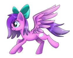 Size: 1348x1078 | Tagged: safe, artist:namaenonaipony, oc, oc only, pegasus, pony, bow, full body, hair bow, hooves, pegasus oc, shading, side view, simple background, smiling, solo, spread wings, white background, wings