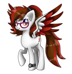 Size: 979x1010 | Tagged: safe, artist:namaenonaipony, oc, oc only, pegasus, pony, colored wings, full body, glasses, hooves, pegasus oc, raised hoof, shading, simple background, smiling, solo, spread wings, standing, tail, watch, white background, wings