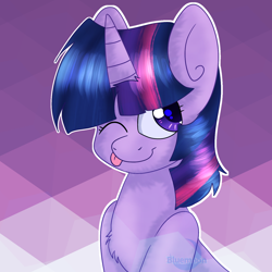 Size: 1440x1439 | Tagged: safe, artist:bluemoon, twilight sparkle, pony, unicorn, g4, ;p, cute, one eye closed, smiling, solo, tongue out