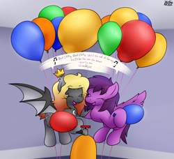 Size: 2454x2237 | Tagged: safe, artist:the-furry-railfan, oc, oc only, oc:emilia starsong, bat pony, pegasus, pony, balloon, bat pony oc, blowing up balloons, crown, cute, female, floating, flying, helium, helium tank, helium voice, high res, indoors, inflating, jewelry, mare, regalia, singing, string, that pony sure does love balloons