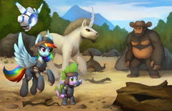 Size: 1920x1246 | Tagged: safe, artist:asimos, rainbow dash, spike, classical unicorn, dragon, pegasus, pony, robot, unicorn, g4, ark survival evolved, clothes, cloven hooves, cowboy hat, crossover, hat, hln-a, horn, leonine tail, unshorn fetlocks, video game crossover