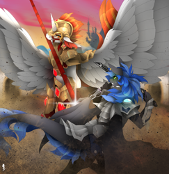 Size: 3065x3149 | Tagged: safe, artist:taiga-blackfield, oc, oc only, oc:blaze solaris, bat pony, pony, armor, bat pony oc, commission, duo, female, fight, furry, furry oc, green eyes, high res, horn, male, open mouth, weapon, wings