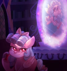 Size: 1583x1668 | Tagged: safe, artist:carouselunique, cozy glow, pegasus, pony, equestria girls, g4, bow, clothes, dress, equestria girls-ified, februpony, female, freckles, hair bow, magic mirror, mirror, rook, smug, solo, twilight's castle