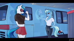 Size: 1280x720 | Tagged: safe, artist:apocheck13, dj pon-3, trixie, vinyl scratch, unicorn, anthro, g4, breasts, cleavage, clothes, duo, female, front knot midriff, gas station, implied tail hole, jeans, midriff, miniskirt, pants, rv, shirt, short shirt, skirt, vixen 21 motorhome