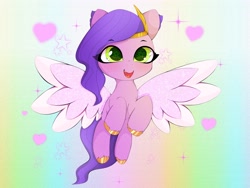 Size: 4096x3072 | Tagged: safe, artist:zokkili, pipp petals, pegasus, pony, g5, my little pony: a new generation, adorapipp, cute, female, flying, heart, mare, rainbow background, solo, sparkles, starry eyes, stars, wingding eyes