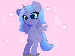 Size: 4096x3072 | Tagged: safe, alternate version, artist:zokkili, princess luna, alicorn, pony, g4, bipedal, female, filly, foal, full body, heart, solo, sparkles, sparkly eyes, stars, wingding eyes, woona, younger