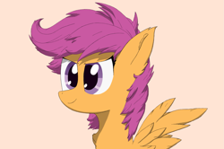 Size: 1601x1063 | Tagged: source needed, useless source url, safe, artist:_rynn, scootaloo, pegasus, pony, g4, bust, eyelashes, eyes open, feathered wings, female, filly, foal, portrait, shadows, simple background, smiling, solo, spread wings, wings