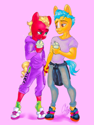 Size: 640x853 | Tagged: safe, artist:gum-gibbs, hitch trailblazer, sprout cloverleaf, anthro, unguligrade anthro, g5, my little pony: a new generation, blushing, gay, holding hands, looking at each other, looking at someone, male, milkshake, pink background, ship:clovertrail, shipping, simple background