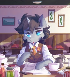 Size: 1971x2179 | Tagged: safe, artist:saxopi, oc, oc only, unicorn, semi-anthro, arm hooves, bipedal, blue eyes, bottle, clothes, colored pupils, cup, day, eyelashes, flower, high res, horn, lighter, napkin, necktie, paper, picture frame, restaurant, seat, sitting, smoke, smoking, solo, table, thick eyebrows, white shirt